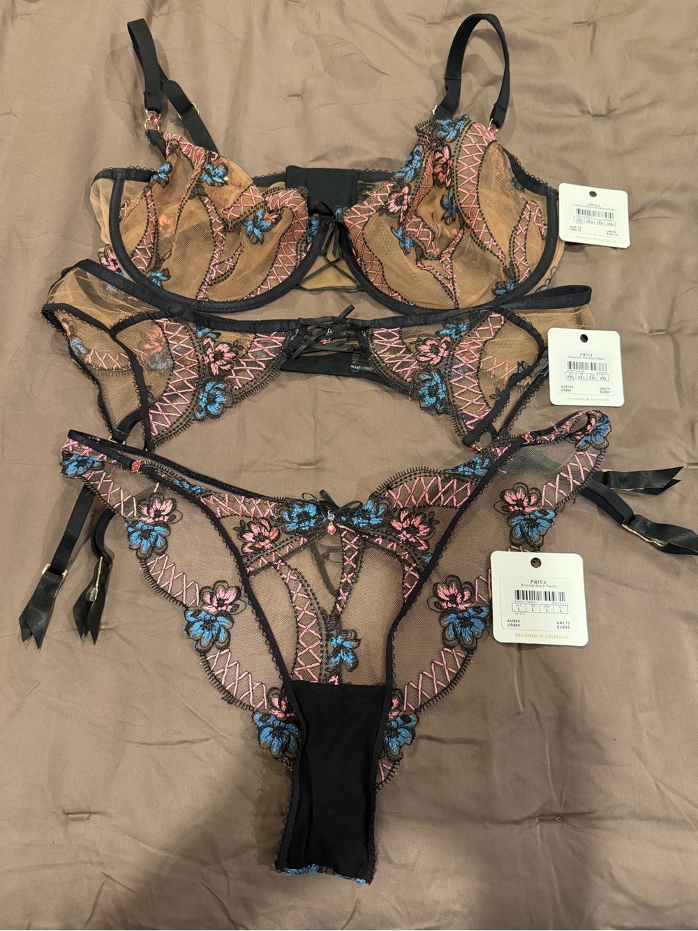 Honey Birdette Priya Floral Embroidered Sheer Lace Bra, Bikini, Garter Belt Set